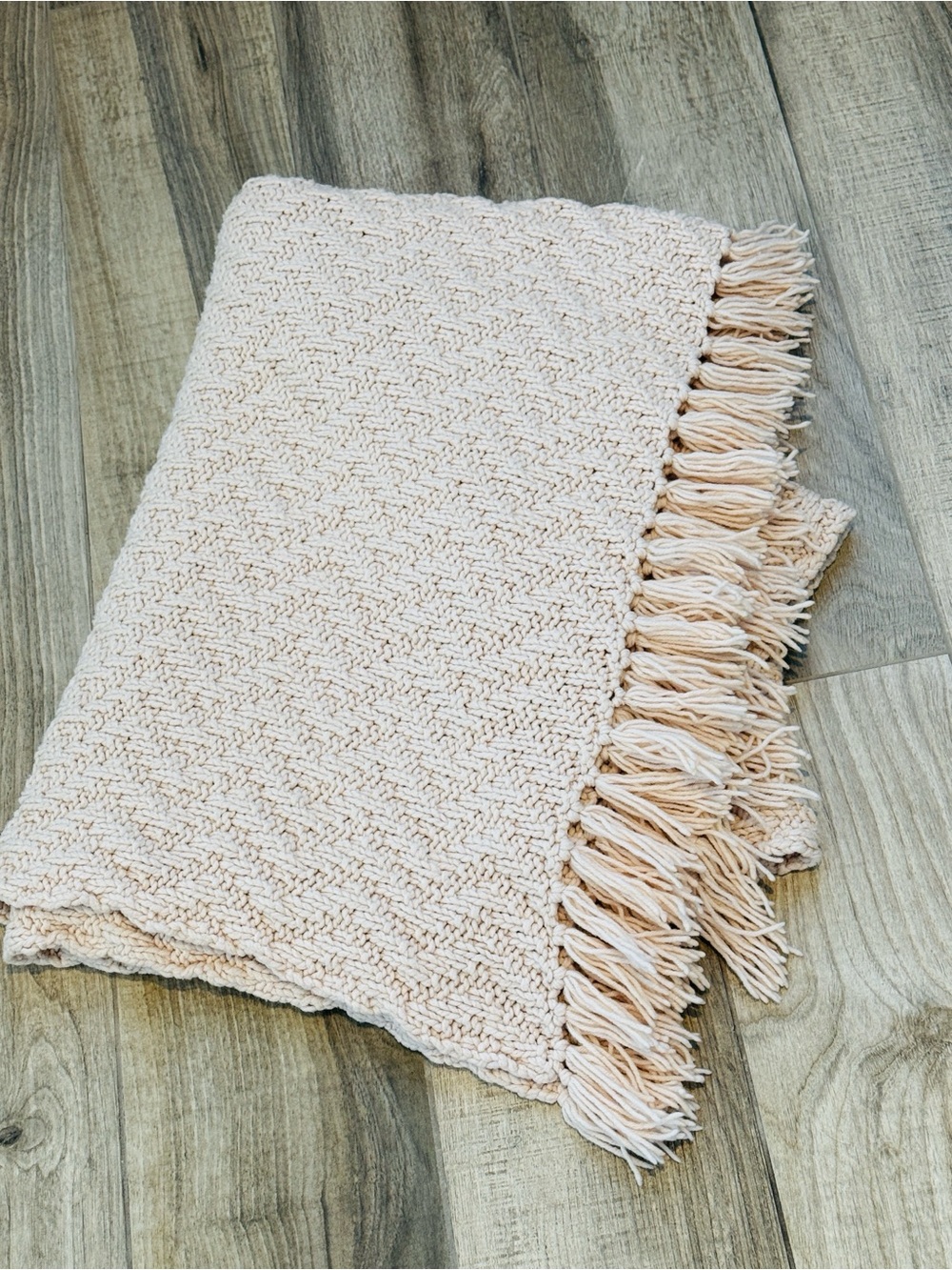 Hand Crafted Soft Blush Knit Throw with Fringe
